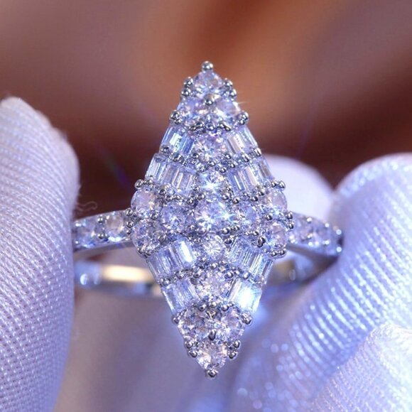 💞 Trendy Rhombus Flower Rectangle Gemstone Zircon Rings for Women, PD158 - Picture 2 of 6